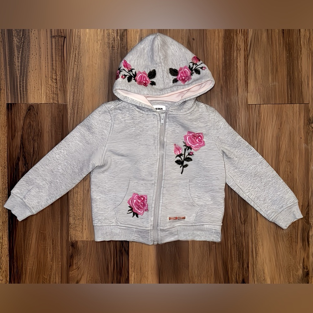 Hudson Jeans Light Gray Hoodie with Embroidered Pink Roses Toddler Girls Size 5